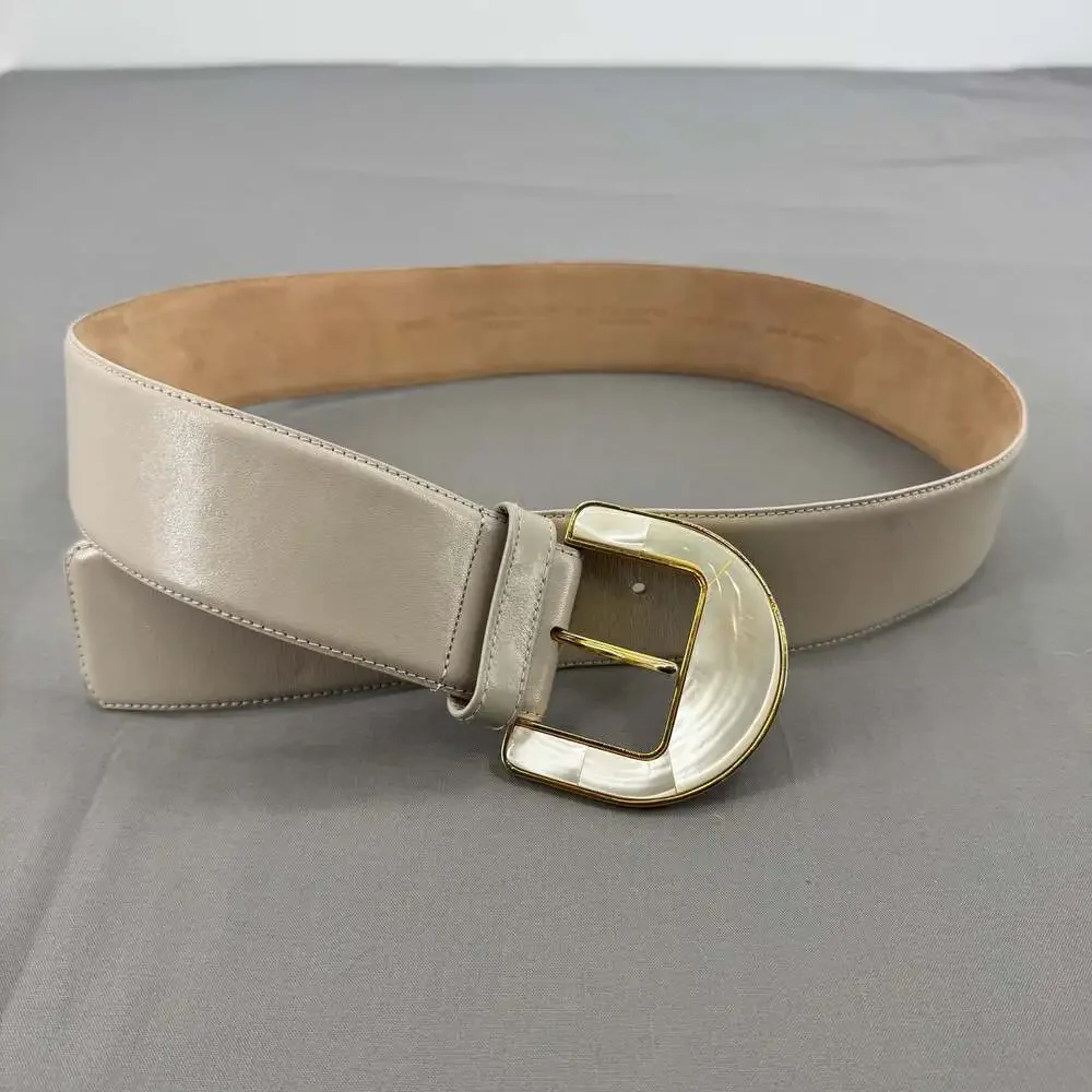 Liz Claiborne White Pearl-Embellished Leather Belt with Gold Buckle, Size Large